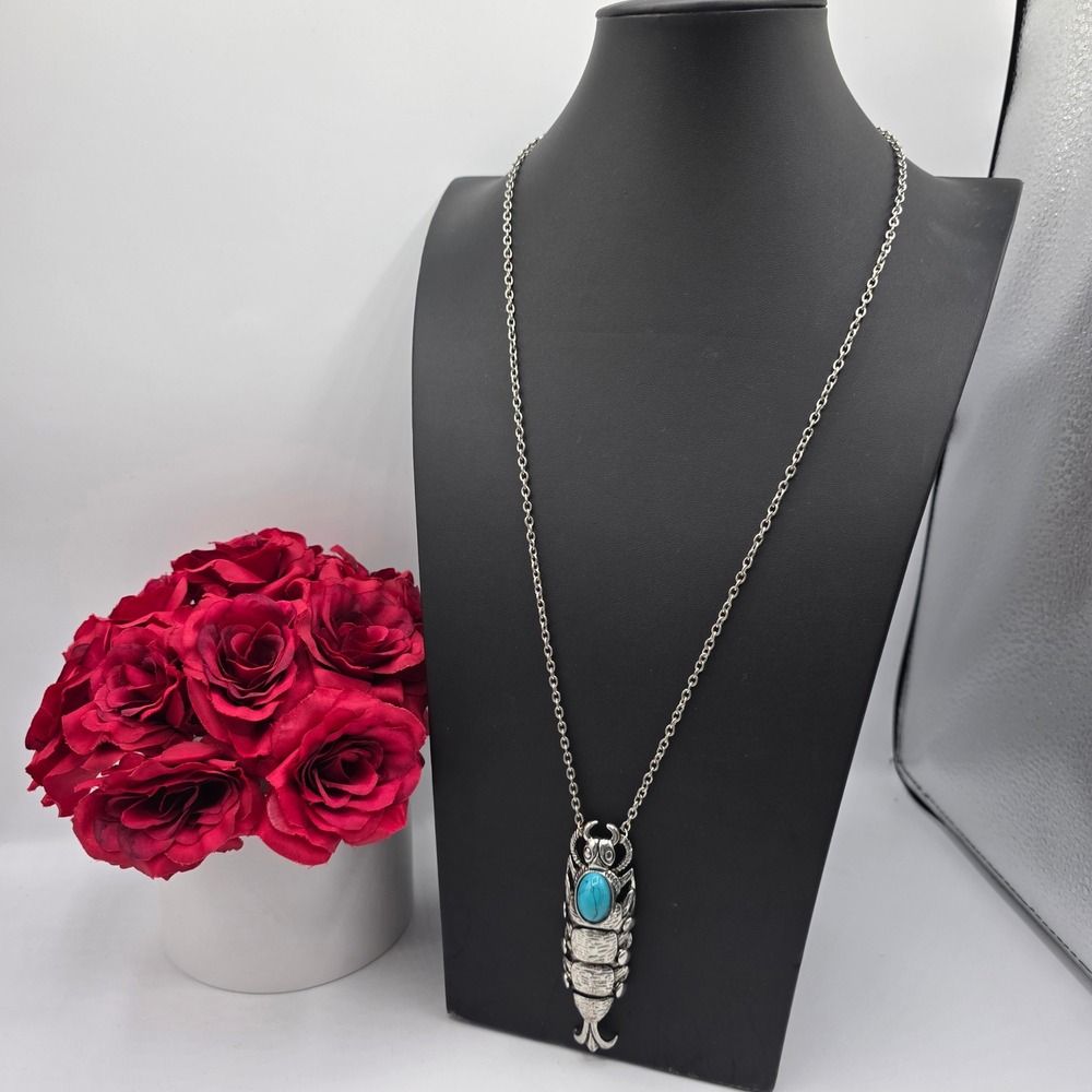 Silver Tone Articulated Scarab Beetle Pendant Necklace Faux Turquoise Gothic